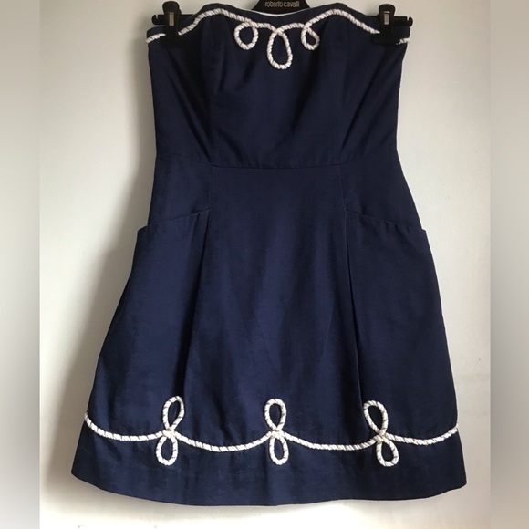 LILLY PULITZER Strapless Navy A-Line Dress with White Trim - Picture 7 of 13